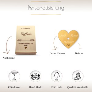 Personalisiertes Hochzeitsgästebuch mit Holzelementen, Hochzeitssouvenir, Einträgen und Wünschen der Gäste im Rahmen 100 Herzen Bild 4