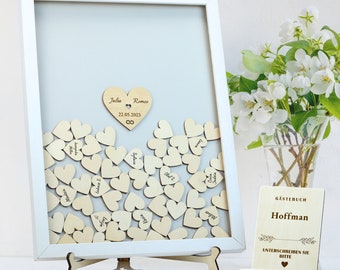 Personalized wedding guest book with wooden elements, wedding souvenir, entries and wishes of the guests in the frame | 100 hearts