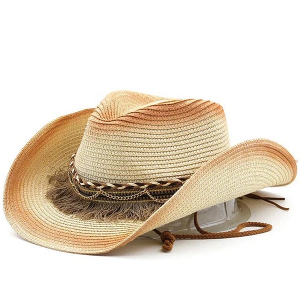 Wide Brim Straw Cowboy Hat For Men Vintage Beach Outing Sun Visor Hats White Fashion Elegant Uv Protection Summer Women's Caps