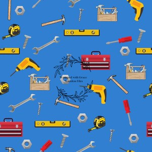 Op de afbeelding: Naadloos patroon met diverse gereedschappen op een blauwe achtergrond. Het ontwerp bevat hamers, schroevendraaiers, sleutels, boormachines, gereedschapskisten, waterpassen, moeren en rolmaten. De tekst "Wrapped with Grace Seamless Files" is ook aanwezig.