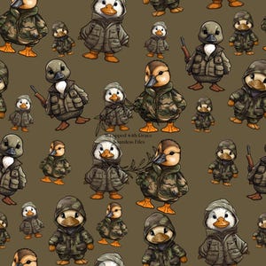 Op de afbeelding: Een naadloos patroon met cartoon-eenden die camouflagejassen en -hoeden dragen. De eenden houden verschillende jachtaccessoires vast, waaronder een geweer en een tak met bladeren. De achtergrond is effen bruin.