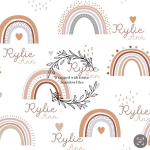 May include: A seamless pattern featuring rainbows in shades of brown, beige, and gray, with small hearts and the text "Rylie Ann" scattered across a white background. The text "Wrapped with Grace Seamless Files" is also present.