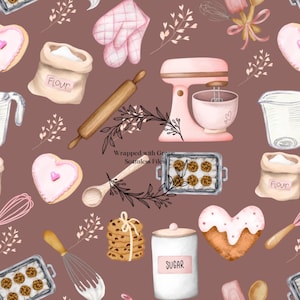 May include: A seamless pattern featuring various baking supplies, including a pink stand mixer, a rolling pin, a bag of flour, a sugar container, a heart-shaped cookie, a cookie cutter, a whisk, a wooden spoon, and a baking sheet with chocolate chip cookies. The background is a light brown color.