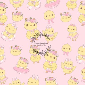 May include: A seamless pattern featuring cute yellow chicks with pink accents. The chicks are wearing floral crowns, bows, and dresses. The background is a light pink color.