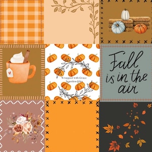 May include: A patchwork design featuring autumn-themed illustrations. The image includes pumpkins, fall leaves, a mug of hot cocoa, and the phrase "Fall is in the air." The color palette consists of orange, brown, and cream.