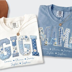 Personalized Gigi Shirt Comfort Colors Grandma Tee Faux Patchwork Floral Grandkids Names Custom Nana Mimi Gift Mothers Day