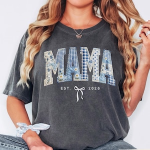 Personalized Mama Shirt Patchwork Floral Applique Comfort Colors Custom Est Year Mom Gift Mothers Day Birthday Vintage Gingham Tee