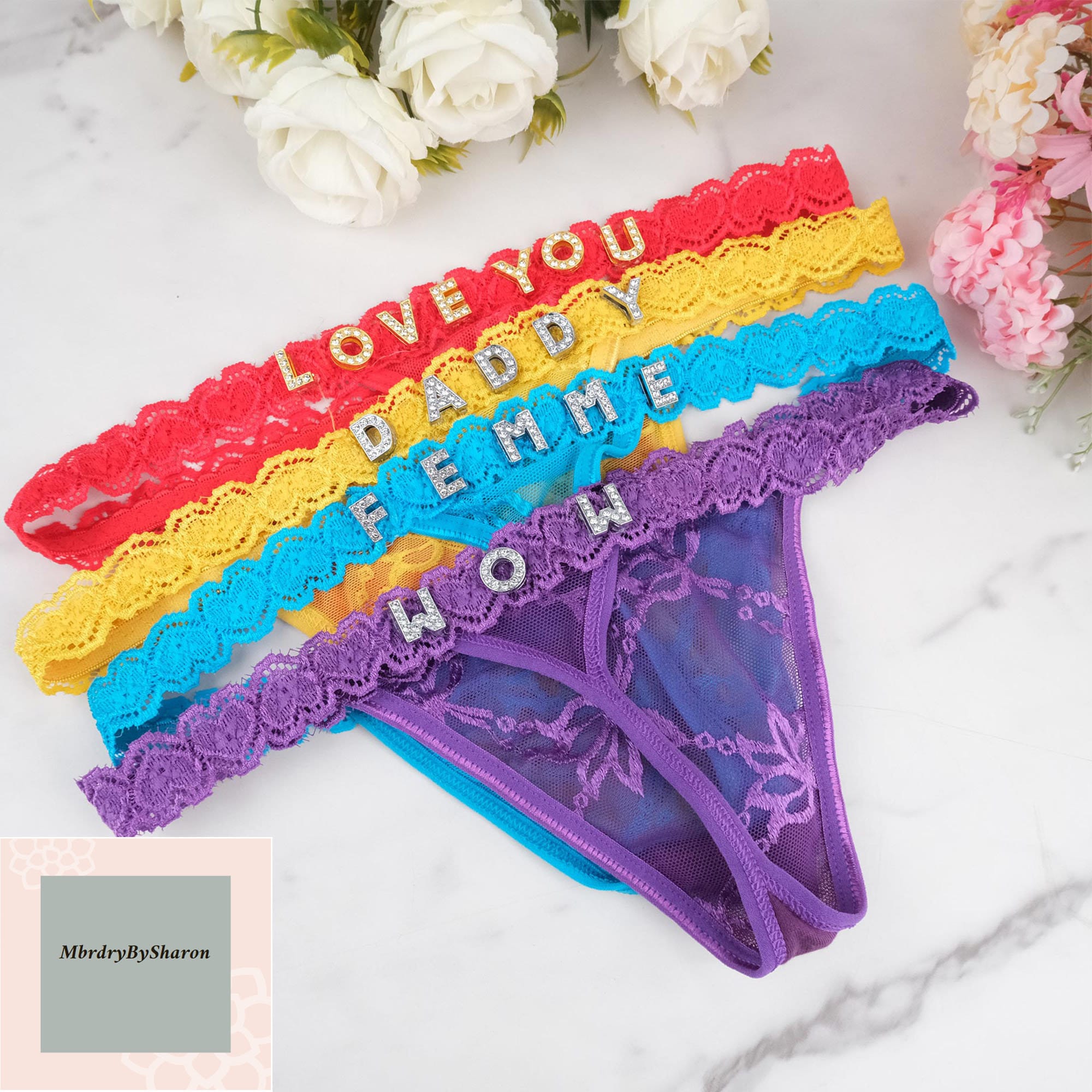 Sexy Lace Panties Women Customize Crystal Letter Name Underwear