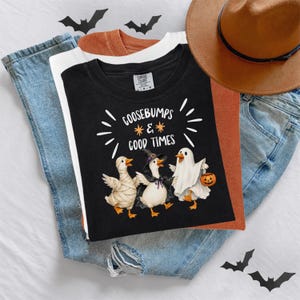 May include: A black t-shirt featuring a graphic of three geese dressed in Halloween costumes: one as a mummy, one as a witch, and one as a ghost holding a pumpkin bucket. The text reads GOOSEBUMPS & GOOD TIMES in white lettering.