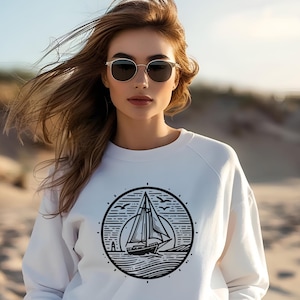 Sailboat Sweatshirt, Nautical Crewneck, Lightweight Pullover, Ocean Lover Gift, Sailing Apparel, Boat Jumper, Sailboat lover, Beach lover