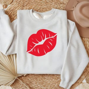 Red Lips Crewneck Sweatshirt, Unisex Jumper, Bold Kiss Pullover, Lipstick Lover Shirt, Cosmetics Apparel, Valentine&#39;s Day Gift