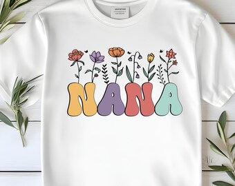 Floral Nana T-Shirt, Colorful Bubble Font, Mother's Day Gift