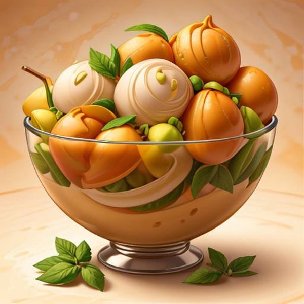 Citrus dessert Vanilla ice cream with mango and mint with pistachios and orange Digital clip art 30 colorful pictures