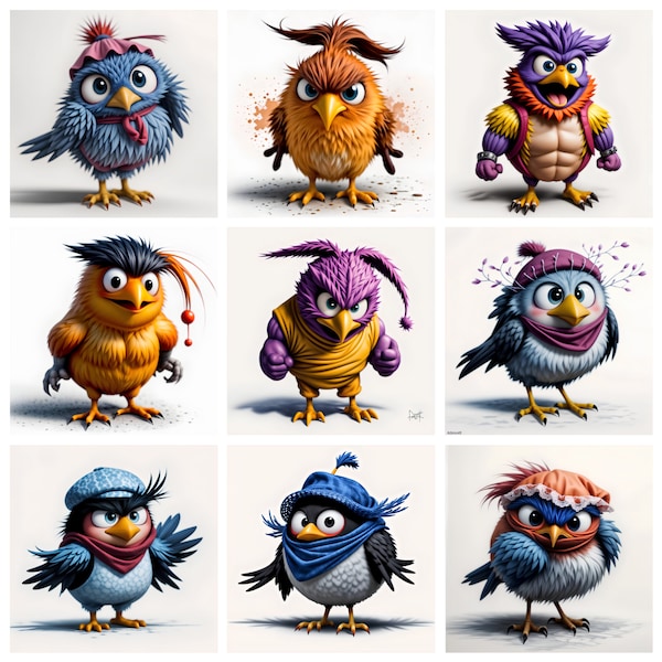 Сute funny birds.high quality digital image. 4096 x 4096 pixels 300 dpi. 25 bright pictures. clip art.