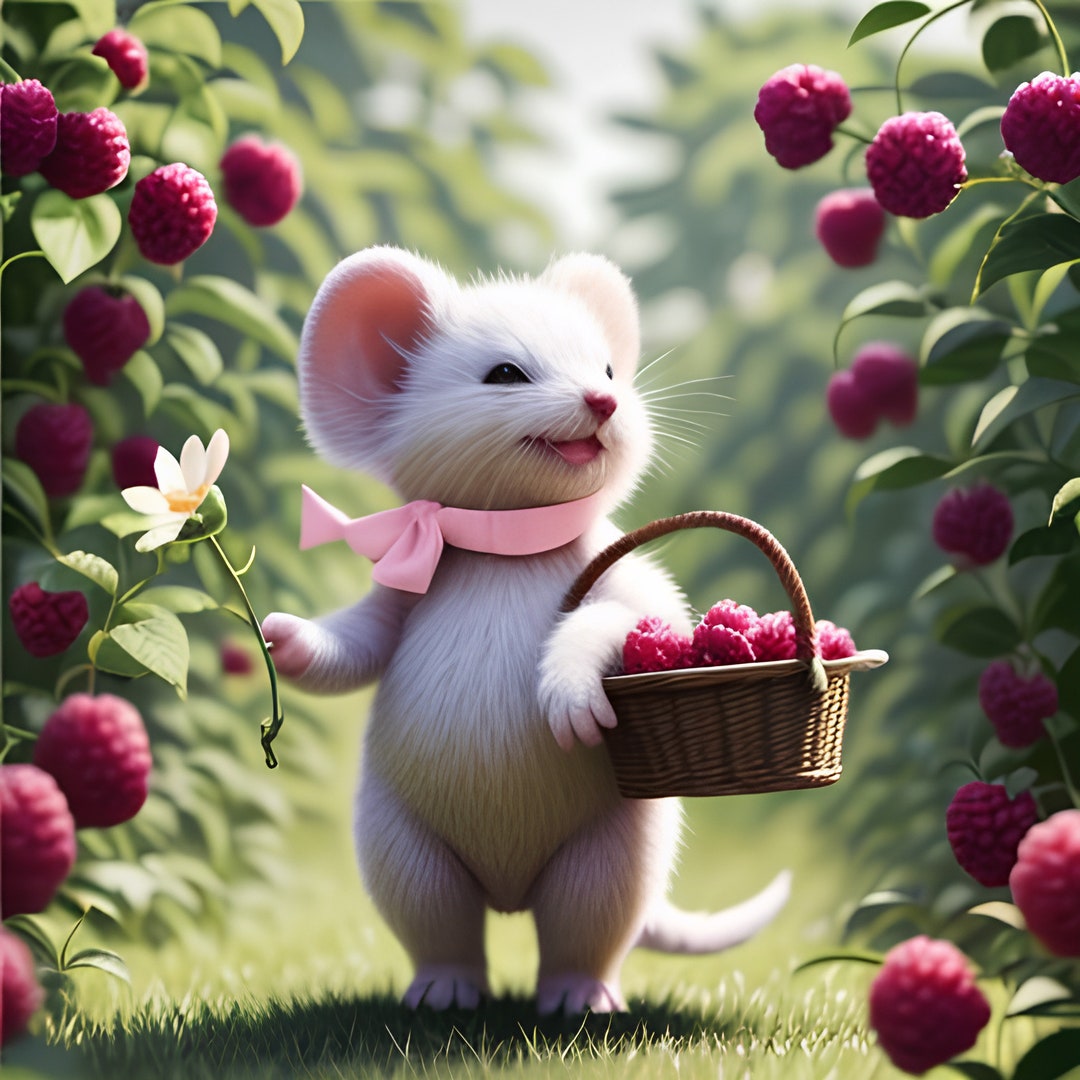 Cute White Mouse Picks Raspberries. Mouse and Raspberry. High Quality ...