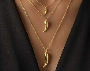 14k/10k Real Gold Italian Horn Pendant Necklace, with 14k/10k Solid Gold 1mm Cable Chain, Horn Pendant, Real Gold Italian Horn Pendant