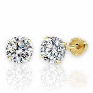 14k Yellow Gold Solitaire Round Cubic Zirconia Stud Earrings in Secure Screw-backs, Sleeper Cz Studs, Unisex,