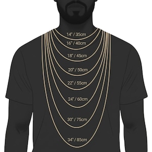 Puede incluir: Una gu&iacute;a visual de longitudes de collares. La imagen muestra una serie de cadenas doradas de diferentes longitudes, que van desde 35 cm hasta 85 cm, alrededor del cuello de una persona. Cada cadena est&aacute; etiquetada en pulgadas y cent&iacute;metros.