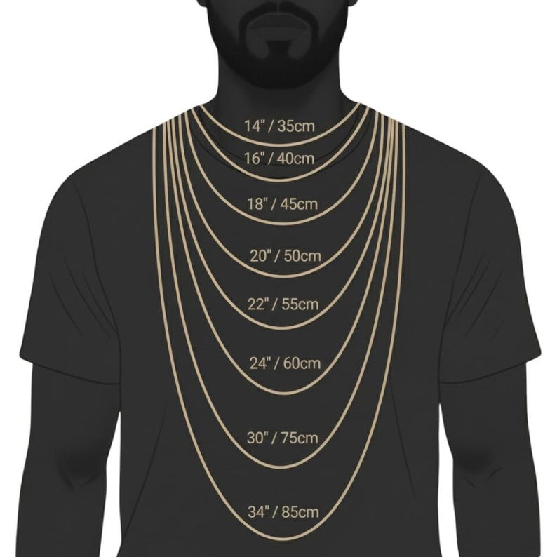 Puede incluir: Una gu&iacute;a visual de longitudes de collares. La imagen muestra una serie de cadenas doradas de diferentes longitudes, que van desde 35 cm hasta 85 cm, alrededor del cuello de una persona. Cada cadena est&aacute; etiquetada en pulgadas y cent&iacute;metros.