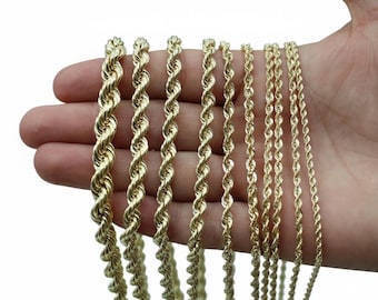 Cadena de oro de 10 quilates tipo cuerda. Collar de oro de 2 mm, 2.3 mm, 2.5 mm, 3.2 mm, 5 mm, 6 mm, de 18 a 26 pulgadas. Cadena de oro de 10 quilates. Para hombre y mujer.