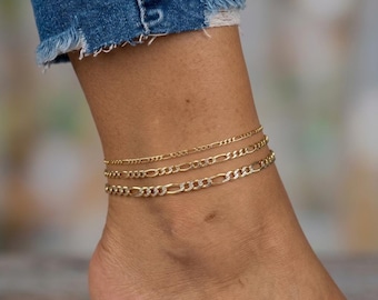 Cavigliera Figaro bicolore in oro massiccio 10 carati con pavé, cavigliera a catena Figaro da 2 mm, 2,5 mm, 3 mm, 3,5 mm, 4,5 mm, cavigliera in oro vero per donna, uomo e bambino.