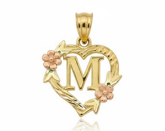 10K Yellow Gold Heart Initial Pendant: Diamond Cut Flower Charm