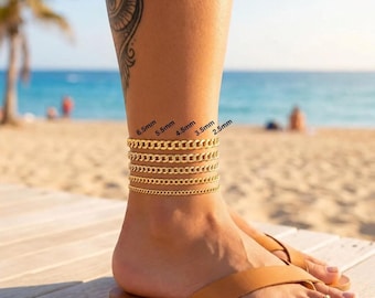 Solid 10K Gold Curb Cuban Anklet, 2mm 2.5mm 3mm 3.5mm 4.5mm, Real Gold Anklet for Women Men Kids Jewelry