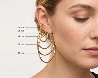 Real 10k or 14k Yellow Gold Hoop Earrings 2mm, 3mm, 4mm Thickness, 15mm-70mm Gold Hoop Earrings