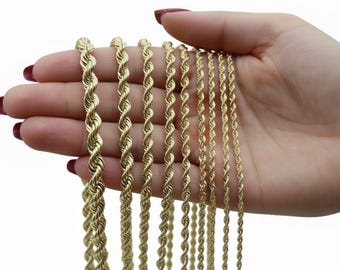 Cadena de oro de 14 quilates tipo cuerda. Collar con cadena de oro tipo cuerda de 2 mm, 2.3 mm, 2.5 mm, 3 mm, 3.5 mm, 4 mm y 6 mm. Longitud: 18-26 pulgadas. Cadena de oro de 14 quilates. Para hombre y mujer.