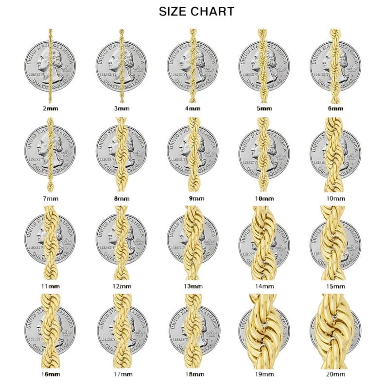 Puede incluir: Un gr&aacute;fico de tallas que muestra varios estilos de cadenas de oro junto a monedas de veinticinco centavos estadounidenses para comparar tama&ntilde;os. Las cadenas var&iacute;an de 2 mm a 20 mm de grosor. El texto "SIZE CHART" est&aacute; en la parte superior.