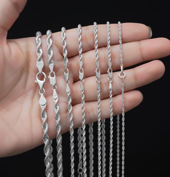 10K White Gold Rope Chain Necklace | Real Gold Diamond Cut Necklace |  2mm 2.3mm 2.5mm 3mm 4mm 4.5mm 5.5mm | 16- 24 inches | Mens and Womens