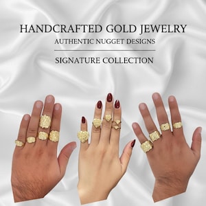 May include: Multiple gold rings with nugget designs are displayed on three hands. The rings vary in size and shape, including rectangular, heart, and round designs. The text "HANDCRAFTED GOLD JEWELRY" is at the top of the image.