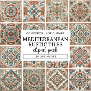 Può includere: Una collezione di piastrelle quadrate con intricati motivi floreali e geometrici in tonalità terracotta, verde salvia e crema. Il testo centrale recita: COMMERCIAL USE CLIPART MEDITERRANEAN RUSTIC TILES clipart pack 24 JPG IMAGES.