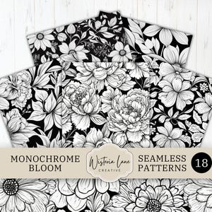 Nahtloses Blumenmuster, nahtloses digitales Blumenpapier, schwarzweißes, mit Blumen bedruckbares Seiten für Scrapbooking, Print on Demand Designs, DP