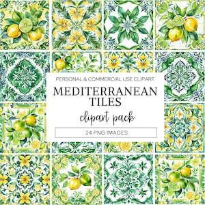 Clipart carreaux méditerranéens, aquarelle limes, carreaux de céramique azulejos portugais, Style marocain, motif sans couture, usage Commercial PNG.