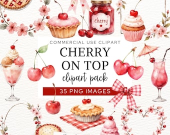 Imágenes prediseñadas de cereza en la cima, lindo clip art de lazo de cereza, acuarela de fruta de cereza PNG, baby shower de cereza, bomba de cereza, marcos de flor de cerezo.