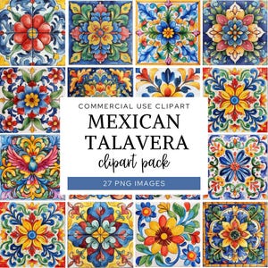 Mexican Talavera Clipart, Talavera Tiles Download, Floral Mosaic Clip Art, Colorful Tiles Digital Download, Printable Seamless Tile Pattern.