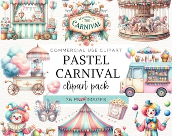 Pastell Karneval Clipart, Vergnügungspark Png, Aquarell Karussell Grafiken, Zirkus Clowns, Freizeitpark Zuckerwatte, kommerzielle Nutzung.