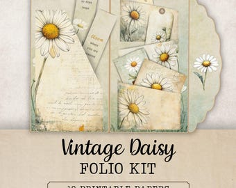 Kit de diario digital plegable con margaritas vintage, efímeras florales imprimibles, bolsillos de primavera, materiales para manualidades, JJ306