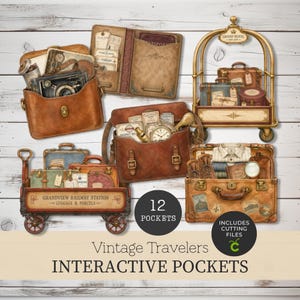 Puede incluir: Una colección de elementos de papelería con temática de viajes vintage, incluyendo bolsos de cuero marrón, maletas, un carrito de equipaje y un porta pasaporte. El texto dice 12 POCKETS, INCLUDES CUTTING FILES y VINTAGE TRAVELERS INTERACTIVE POCKETS.