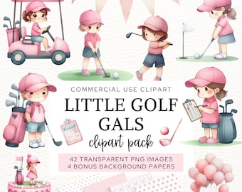 Girls Golf Clipart, Cute Little Golfers Clip Art for Kids Birthday Invites, Pink Golf Party Decor, Watercolor Children's Sport Graphics, CA6