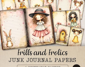 May include: A collection of printable junk journal papers titled Frills and Frolics Junk Journal Papers Vol 1, featuring watercolour illustrations of children, a rabbit, a cat, and a wooden door, with lined writing areas and soft pastel backgrounds.
