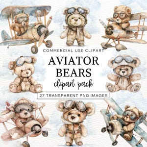 Flying Teddy Bear Clipart, Cute Baby Shower Clip Art, Teddy Bear Nursery, Vintage Teddy Bear Png, Aviator Bear, Watercolor Hot Air Balloon.