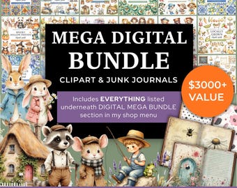 Mega Digital Bundle: 254 kommerzielle Nutzung Clipart Pakete, 77 Junk Journal Kits, Folios, Ephemera, Digitales Papier Bundle.