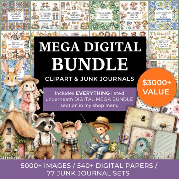 Mega Digital Bundle: 254 Commercial Use Clipart Packs, 77 Junk Journal Kits, Folios, Ephemera, Digital Paper Bundle.