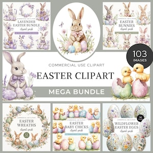 Ostern Clipart Mega Bundle, süße Hasen und Küken, Aquarell Häschenkränze aus Frühlingsblumen, bemalte Eier, Downloads für Basteln, CA23