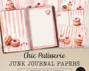 Chic Patisserie Junk Journal Papers Volume 2, Watercolor French Bakery Journal Backgrounds, Pink Sweets Scrapbook Pages, JJ337