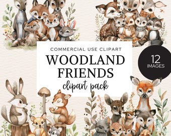 Imágenes prediseñadas de animales del bosque, imágenes prediseñadas bohemias del bosque en formato PNG, criaturas del bosque en acuarela, arte infantil adorable para baby shower, descarga imprimible.