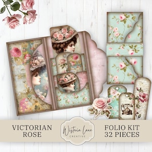 Kit folio rose victorienne, journal indésirable pliant folio, documents éphémères vintage imprimables, pochettes chargées shabby chic, téléchargement numérique, JJ316
