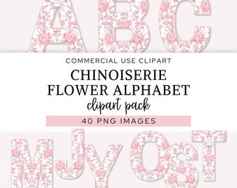 Clipart Alphabet Chinoiserie Flower, Shabby Chic Floral Letters and Numbers, Vintage Pink Toile Monogram Digital PNG, Commercial Use.